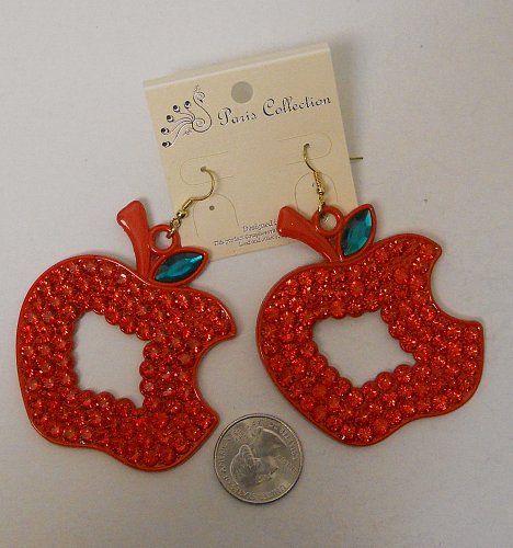 Women Fashion Earrings Drop Dangle Red Apples Rhinestones PARIS COLLECTON Hook