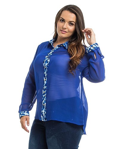 PLUS SIZE 1X-3X Sheer Chiffon Button Shirt ROMAN Blue Cheetah Trim Long Sleeves