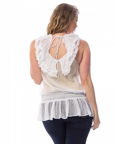 Women Sheer Ruffled Top Solid White SIZE 1XL 2XL 3XL Drop Smocked Waist Back Tie