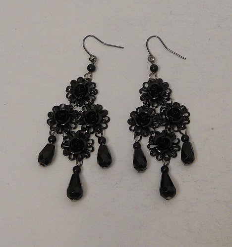 Women Fashion Drop Dangle Earrings Black Flowers Beads BIRCH HILL Hook