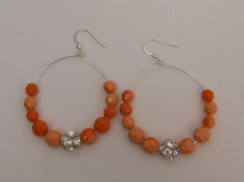 Womens Fashion Hoop Earrings Silver Tone Orange Beads Rhinestones Hook PRINCESS