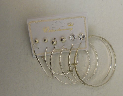 Women Earrings Studs & Hoops Fashion 6 Pair Silver Tones Rhinestones CHLOE ACCES