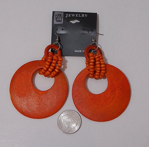 Women Fashion Earrings Drop Dangle Orange Wooden Rings PLUS ONE JEWELRY Hook