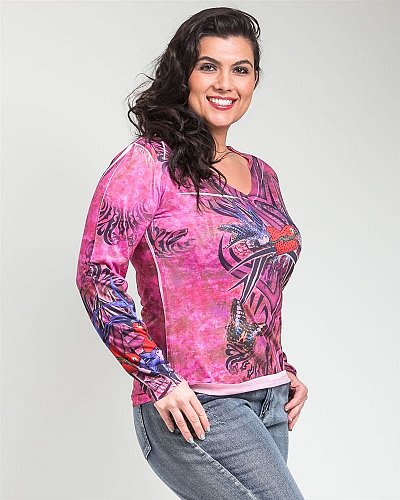 Women Knit Tops Pink Embellished Long Sleeves V-Neck JUNIOR PLUS SIZE 1XL-3XL