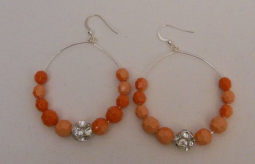 Womens Fashion Hoop Earrings Silver Tone Orange Beads Rhinestones Hook PRINCESS