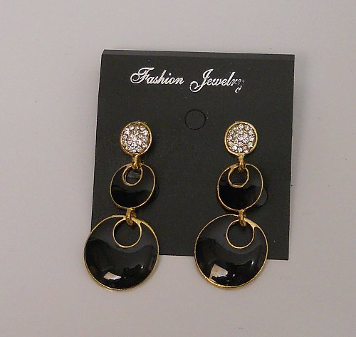 Women Fashion Drop Dangle Earrings Black Gold Tones Rhinestones Push Back FASHIO