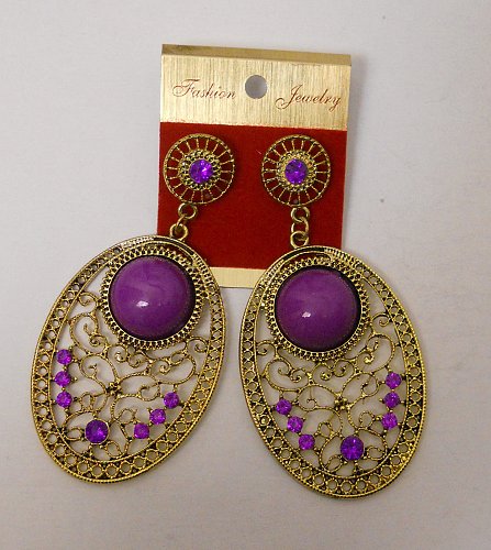 Women Earrings Gold Ovals Purple Rhinestones Fashion Drop Dangle FASHION JEWELRY
