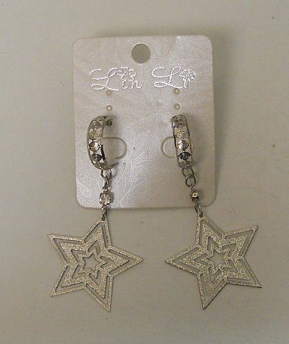 Women Drop Dangle Fashion Earrings Stars Rhinestones Silver Tones LIN LI