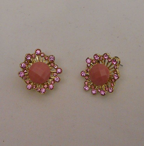 Womens Cluster Earrings Floral Pink Bead Pink Rhinestones HAPPY GIRLS Lever Back