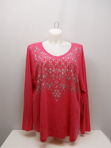 PLUS SIZE 4X Womens Embellished Knit Top JUST MY SIZE Solid Pink V-Neck Long Sle