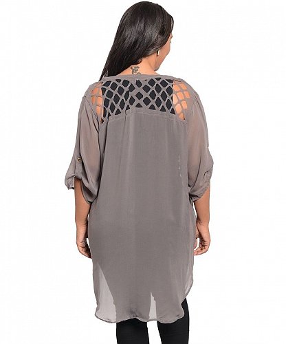 PLUS SIZE 1X 2X Womens Sheer Top 2BME Gray Studded Front Y-Neck 3/4 Tab Sleeves