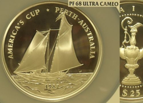 Rare Samoa 1987 25 Tala NGC PF-68 UC~Americas Cup Race~5 oz Silver~Oversize~Fr/S