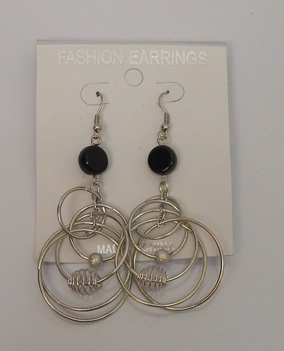 Women Fashion Drop Dangle Earrings Silver Tone Loops Black Beads Hook FASHION