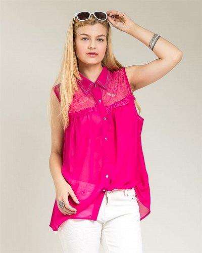 Women Sheer Top PLUS SIZE 1X Solid Pink Studded Lace Yoke Sleeveless