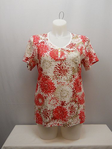 PLUS SIZE 1X 2X 3X Womens Knit Top KAREN SCOTT Red Floral Short Sleeves V-Neck