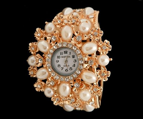 Women Cuff Bangle Watch MARYSOL Jeweled Faux Pearls Gold Floral Analog Oval