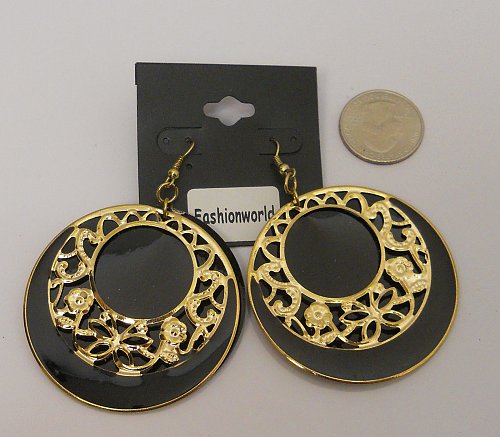 Women Fashion Drop Dangle Earrings Black Shells Gold Tones Hook Fasteners FASHIO