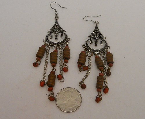 Womens Earrings Silver Tones Brown Beads Fashion Drop Dangle PRINCESS French Hoo