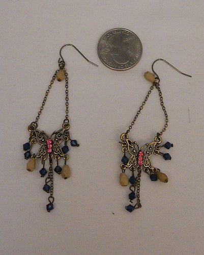 Womens Earrings Drop Dangle Butterflies Pink Rhinestones Hook FASHION JE