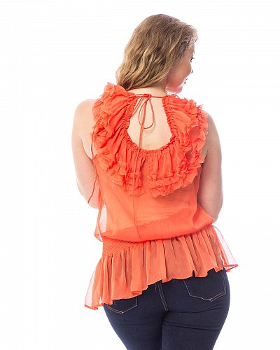 SIZE 1XL 2XL 3XL Women Sheer Ruffle Top Solid Orange Drop Smocked Waist