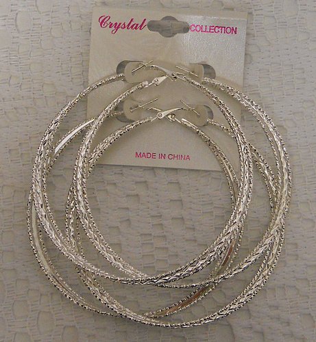 Women Earrings 2 Pair Fashion Triple Hoop Silver Tones Leverback CRYSTAL COLLECT