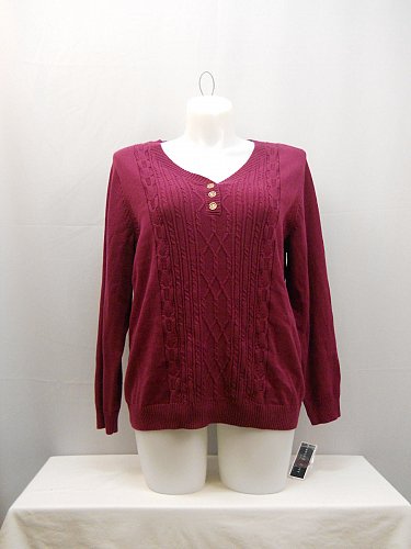 PLUS SIZE 0X Cable Knit Henley Sweater KAREN SCOTT Solid Burgundy Long Sleeves