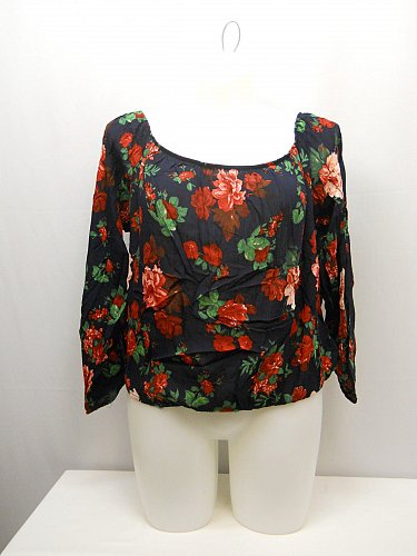 Women Top Black Floral PLUS SIZE 3XL Elastic Off Shoulders Long Slit Sleeves