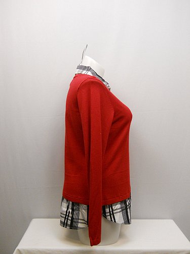 SIZE 2XL 20 Womens Twofer Sweater FADED GLORY Red Knit Plaid Collar Long Sleeves