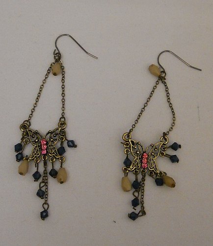 Womens Earrings Drop Dangle Butterflies Pink Rhinestones Hook FASHION JE