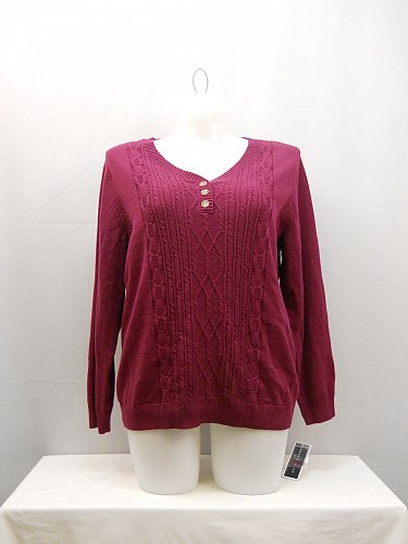 PLUS SIZE 0X Cable Knit Henley Sweater KAREN SCOTT Solid Burgundy Long Sleeves