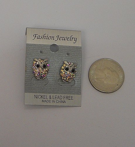 Women Fashion Stud Earrings Owls Rhinestones Silver Tones Push Back Fasteners