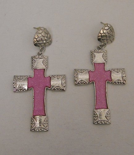 Earrings Pink Cross Women Fashion Drop Dangle Silver Tones FASHION EARRINGS