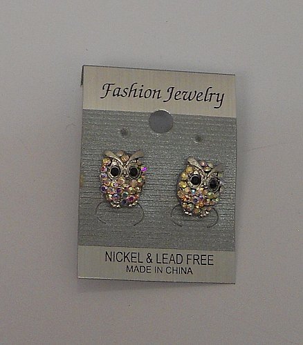 Women Fashion Stud Earrings Owls Rhinestones Silver Tones Push Back Fasteners