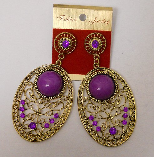 Women Earrings Gold Ovals Purple Rhinestones Fashion Drop Dangle FASHION JEWELRY