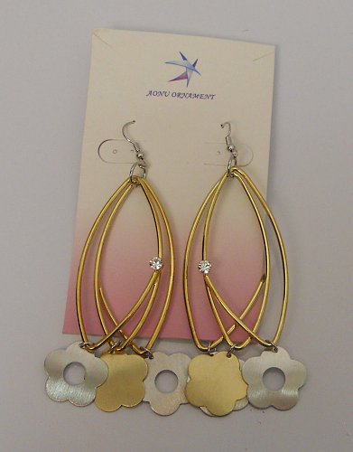 Women Fashion Drop Dangle Earrings Triple Loop Flowers Rhinestones Gold Tones