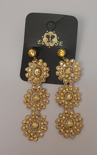 Women Earrings Drop Dangle Flowers Rhinestones Gold Tones Fashion Push Backs Fas