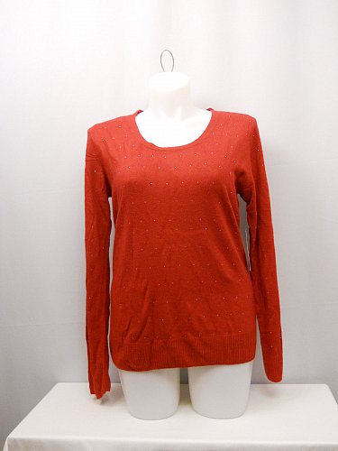 SIZE XL Womens Embellished Sweater DEBBIE MORGAN Solid Red Long Sleeve Scoop Nec