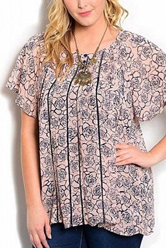 Womens Tunic Top PLUS SIZE 1XL 2XL Sheer Pink Navy Floral Batwing Sleeves