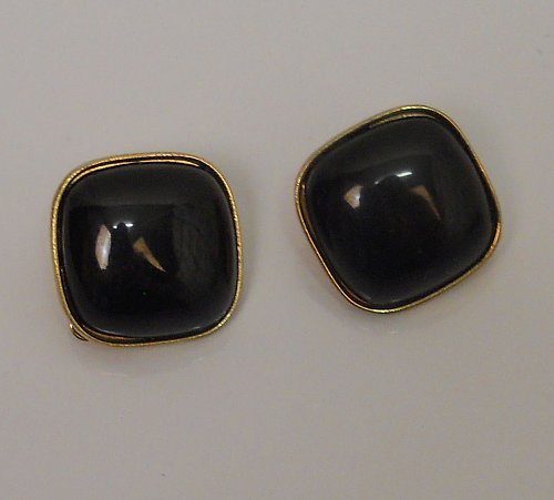 Women Huggie Earrings Fashion Squares Black Gold Tones Clip On Fasteners SZ BIJO