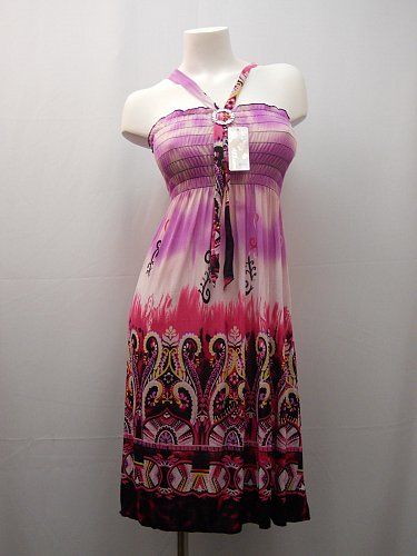 Womens Sundress SIZE L Paisley Smocked Elastic 65% Silk Spaghetti Straps Buckle