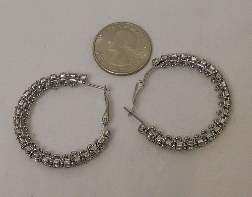 Womens Fashion Hoop Earrings Rhinestones Silver Tones Unbranded Leverback