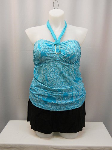 Womens Swimsuit Tankini Skirtini 2 PC Plus Size 3X Blue Geometric Ruched Sides