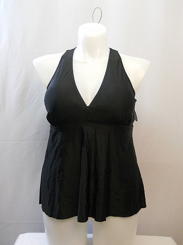 SIZE 14 Women Cross Back Tankini Swim Top SHORE CLUB Solid Black V-Neck Wire Fre