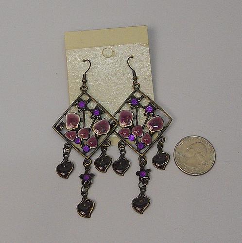 Women Earrings Purple Rhinestones Drop Dangle Brassy Gold Tones Hook Fasteners