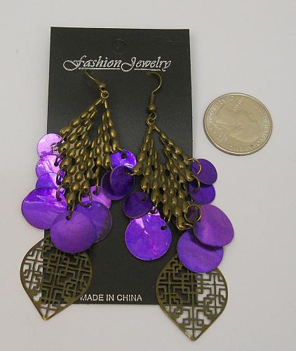 Purple Shell Earrings Women Drop Dangle Brassy Gold Tones Hook Fastener FASHION