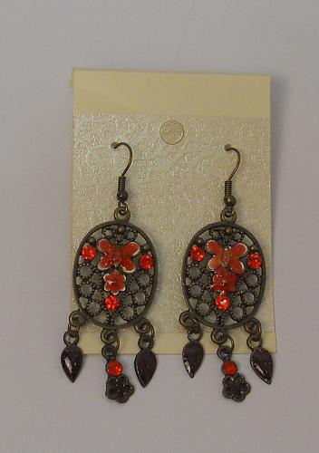 Women Earrings Drop Dangle Red Rhinestones Brassy Gold Tones Hook Fasteners