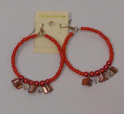 Women Red Beaded Earrings Drop Dangle Gold Tones Hook Fasteners FASHION JEWELRY