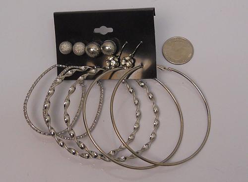 Women 6 Pair Earrings Studs & Hoops Fashion Silver Tones Rhinestones Unbranded