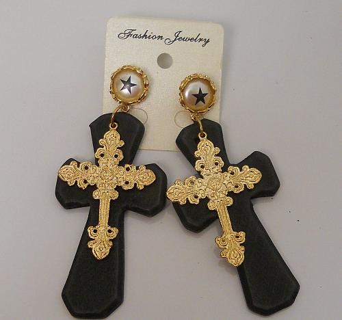 Women Earrings Large Wood Cross Gold Trim Fashion Drop Dangle Push Back Fastener