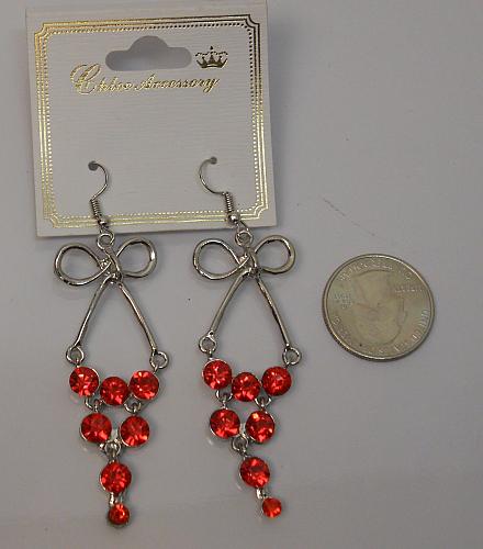 Women Bow Earrings Red Rhinestones Drop Dangle Silver Tones Hook Fasteners CHLOE